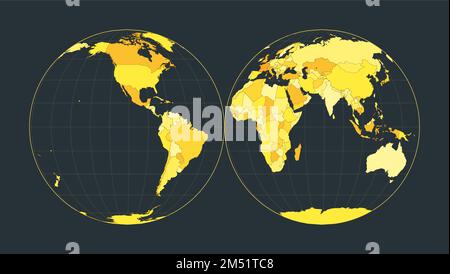 Weltkarte. Die Mollweide-Projektion wurde in zwei Hemisphären (gleiche Fläche) unterbrochen. Futuristische Weltanschauung für deine Infografik. Hellgelbe Zählung Stock Vektor