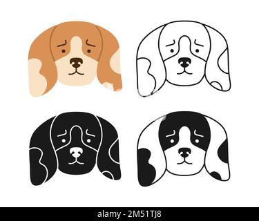 Hundebeagle sieht Zeichentrickzeichensatz. Lächelndes, lustiges Hundebaby. Niedliches Hündchen, kindisches Kawaii-Kopf-Symbol, Mündung, Line-Doodle, Symbol oder Silhouette. Comic Print Flat Sticker Vorlagenvektor Stock Vektor