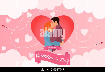Glücklicher Valentinstag flacher Hintergrund mit umarmtem und küssendem Paar im Hintergrund von Herzen, Wolken und Pfeilen Stock Vektor