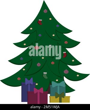 Weihnachtsbaum mit Kugel und Strümpfen und Geschenken darunter Stock Vektor