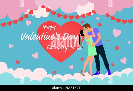 Glücklicher Valentinstag flacher Hintergrund mit umarmtem und küssendem Paar im Hintergrund der Wolken, Girlande mit Herzen und herabfallenden Herzen Stock Vektor
