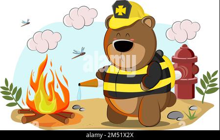 Süßer Teddybär, gekleidet als Feuerwehrmann, löscht Feuer in den Wäldern Stock Vektor