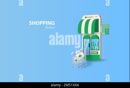 Drogeriemarkt online.Pillen kaufen online mit dem Smartphone-Konzept. Healthcare Online-Apotheke Gerät Bildschirm mobile.Medicine Set Flasche Pillen an Patienten Stock Vektor