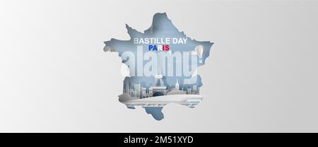 Alles Gute Zum Bastille-Tag. Poster und Bannerkonzept zum französischen Nationalfeiertag. Papierhandwerk und Schnittstil der Karte Französisch Reiseziel Eiffelturm Pa Stock Vektor