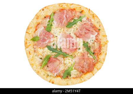 Schinkenpizza Prosciutto von oben isoliert auf weißem Hintergrund Stockfoto