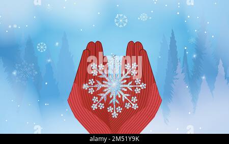 Schneeflocke auf der Hand. Hand trägt Handschuhe und hält Schnee. Winterdarstellung mit Schneefall Stock Vektor