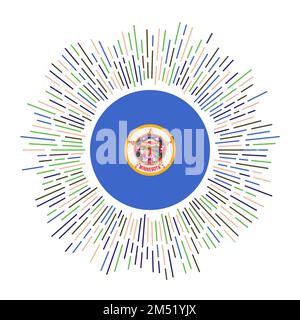 Minnesota-Schild. US-Bundesflagge mit bunten Strahlen. Strahlender Sonnenaufgang mit Minnesota-Flagge. Vektorabbildung. Stock Vektor