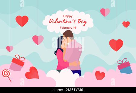 Glücklicher Valentinstag flacher Hintergrund mit umarmtem und küssendem Paar im Hintergrund von Herzen und Geschenken auf Wolken und hängenden Papierherzen Stock Vektor