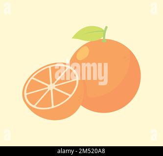 Flaches Zeichentrickdesign mit orangefarbenen Früchten. Frische ganze und halbe Orangenfrüchte mit Blättern. Sommerfrüchte für einen gesunden Lebensstil. Bio-Obst Stock Vektor