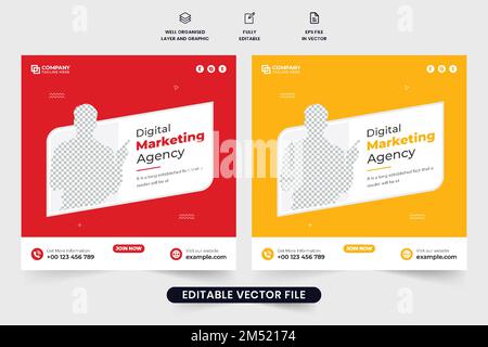 Postvektor für digitales Marketing in sozialen Medien mit roten und gelben Farben. Webbannerdesign mit kreativen Formen für Business-Marketing-Werbung. Geschäftlich Stock Vektor