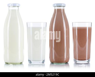 Glasflasche für Milch und Schokoladengetränke isoliert auf weißem Hintergrund Stockfoto