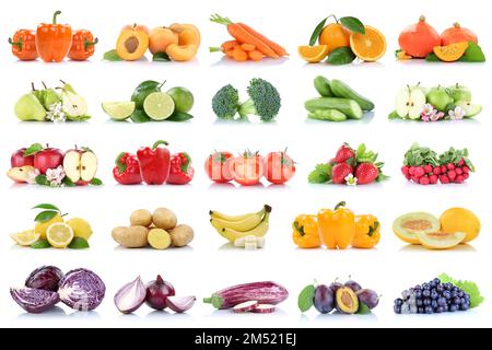 Obst- und Gemüsesammlung isolierte Apfeltomaten Orangentrauben Farben frisches Obst auf weißem Hintergrund Stockfoto