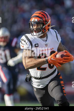 Foxborough, Usa. 24. Dezember 2022. Cincinnati Bengals Running Back Joe Mixon (28) spielt den Ball während der ersten Hälfte eines Spiels gegen die New England Patriots im Gillette Stadium in Foxborough, Massachusetts, am Samstag, den 24. Dezember 2022. Foto: Amanda Sabga/UPI Credit: UPI/Alamy Live News Stockfoto