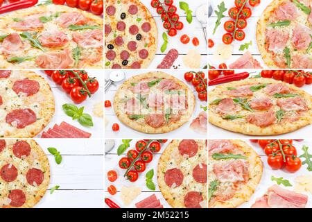 Pizza Collection Collage Schinken Salami Prosciutto Lebensmittelzutaten Set Stockfoto