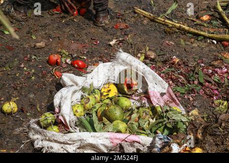 Nakuru, Kenia. 24. Dezember 2022. Verdorbenes Obst und Gemüse auf einem Markt in Nakuru. Laut einem Bericht der Umweltschutzbehörde sind weggeworfene Lebensmittel für bis zu 8 Prozent der globalen Treibhausgasemissionen verantwortlich. (Kreditbild: © James Wakibia/SOPA Bilder über ZUMA Press Wire) Stockfoto