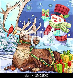 weihnachtskarte mit Schneemann und Rentier Stockfoto