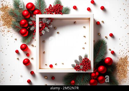 Weihnachtsrahmen aus Tannenzweigen, rote Beeren. Weihnachtstapete. Flach liegend, Draufsicht Stockfoto