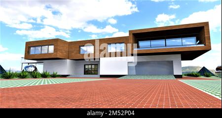 Eine gepflasterte Plattform aus roten Tonziegeln vor der Garage eines Vorstadthauses mit einer Holzfassade im zweiten Stock. 3D-Rendering. Stockfoto