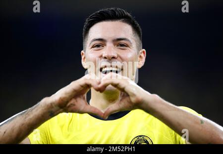 Kuala Lumpur, Malaysia. 24. Dezember 2022. Sergio Aguero Ezequiel Aguero aus Malaysia feiert nach einem Tor während des AFF-Spiels Mitsubishi Electric Cup 2022 zwischen Malaysia und Laos im Finalergebnis des Bukit Jalil Nationalstadions; Malaysia 5:0 Laos (Foto: © Wong Fok Loy/SOPA Images/Sipa USA) Guthaben: SIPA USA/Alamy Live News Stockfoto