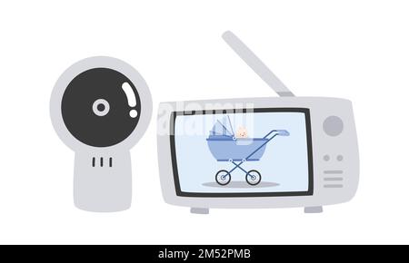 Babyphone-Clipart. Einfacher Satz moderner CCTV-Überwachungskamera und Monitor mit Kinderwagen-Bild auf dem Bildschirm Flachvektorabbildung Stock Vektor