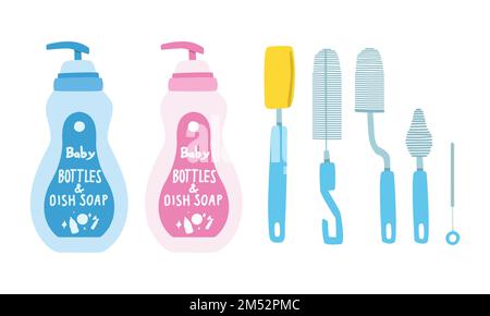 Vektorset aus Babyflaschen und Spülseifenflasche und Flaschenbürste Set Clipart. Detergenzien für Babyflaschen und Geschirr Flachvektordarstellung Stock Vektor