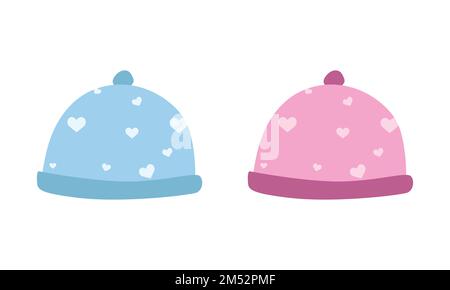 Vektorset mit blauer und pinkfarbener Babymütze für Jungen und Mädchen Clipart. Einfache süße Baby Winterhüte flache Vektorzeichnung. Gestrickte Babymütze im Cartoon-Stil Stock Vektor