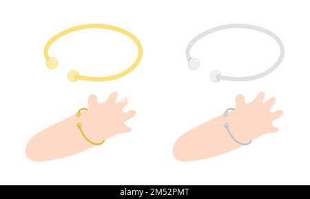 Vektorset aus goldenem und silbernem Babyarmband-Clipart. Einfache verstellbare Armreifen oder Schmuck am Handgelenk, flache Vektordarstellung. Babyarmreifen Stock Vektor