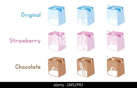 Set aus normalem, Erdbeeren- und Schokoladenmilchkarton mit Vektordesign. Blaue, rosafarbene, braune Milchkartons mit Stroh-Clipart. Milchkartons Stock Vektor