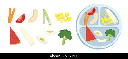 Baby-geführtes Fütterungsfutter. Baby-Leaf-Fütterungswaschplatte mit Fingerfood für die Abbildung eines flachen Vektors mit Selbstnahrung durch das Kind. Karotten, Tomaten, Bananen Stock Vektor