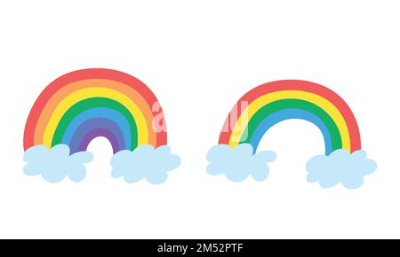 Zeichentrickfilm-Regenbogen-Clipart. Einfache niedliche Regenbogen-7-Farben und 4-Farben-Flachvektordarstellung. Bunte Regenbogen mit Wolken-Cartoon-Style-Ikone Stock Vektor