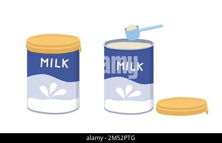 Set aus geöffnetem und geschlossenem Milchpulver. Einfache Milchpulverdose aus Aluminium füllt blauen Plastikmesslöffel oder Schaufel flaches Vektordesign Stock Vektor