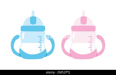 Vektorset mit blau-pinkfarbenem Klappbecher-Clipart für Babys. Einfache niedliche Babywasserflasche für Kinder, die einen flachen Vektor trinken. Babysippbecher-Zeichentrickfilm Stock Vektor