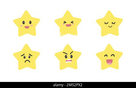 Vektorset mit süßen Babyduschen, gelben Sternen mit verschiedenen Emotionen. Einfache, niedliche Figur, gelbe Sternchen-Kawaii-Gesicht, flache Vektordarstellung Stock Vektor