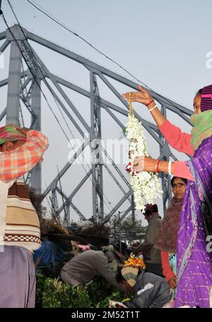 Mallick Ghat ist einer der größten Blumenmärkte in Asien. Szenen am frühen Morgen auf dem Markt in Kalkutta, Westbengalen, Indien. Stockfoto