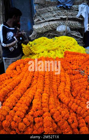 Mallick Ghat ist einer der größten Blumenmärkte in Asien. Szenen am frühen Morgen auf dem Markt in Kalkutta, Westbengalen, Indien. Stockfoto