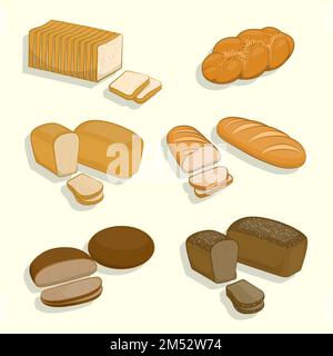 Satz Backwaren auf weißem Hintergrund. Frisches Gebäck, Roggenbrot, Weizenbrot, Sandwiches und Toast, Brot. Vektordarstellung Stock Vektor