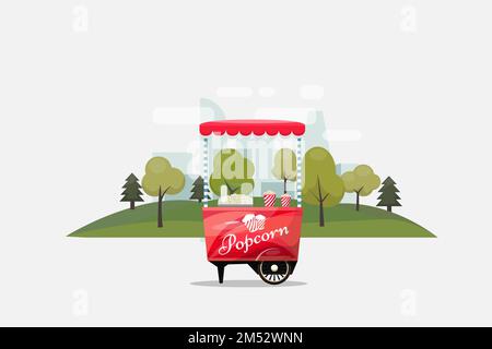 Popcornwagen, Kiosk auf Rädern, Einzelhändler, Süßigkeiten und Süßwaren sowie flache, isolierte Vektordarstellung auf transparentem Hintergrund. Sn Stock Vektor