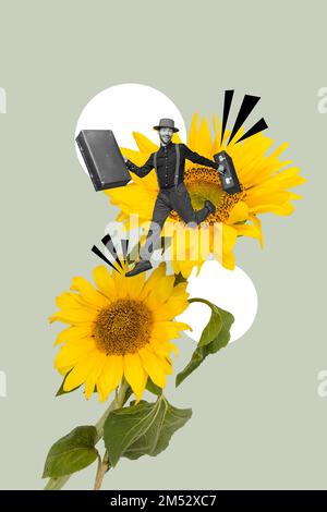 Vertikales Collage-Bild eines aufgeregten, überfreulichen Mini-Schwarz-Weiß-Gamma-Typen mit Valise-Sprung riesige Sonnenblume isoliert auf Zeichnungshintergrund Stockfoto