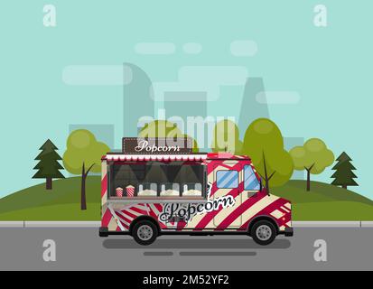 Popcornwagen, Kiosk auf Rädern, Einzelhändler, Süßigkeiten und Süßwaren, und flacher Stil, isoliert vor dem Hintergrund des Vektorillustr der Stadt Stock Vektor
