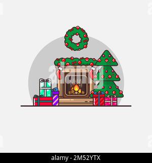 Silvester-Weihnachtsvektor-Illustration isoliert in flacher linearer Ausführung. Weihnachtsatmosphäre, Weihnachtsbaum mit Schönheit am Kamin mit Geschenken, Stock Vektor