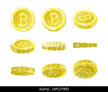 Bitcoins, Gold 3D Münze aus verschiedenen Winkeln zur Animation der Isolation. Kryptwährung der Zukunft, Bergbau, elektronische Zahlungen. Vektor-Illustration Stock Vektor