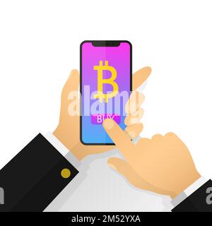 Flache Illustration Geschäftsmann-Hand hält ein Smartphone mit Bitcoins auf dem Bildschirm. Bitcoins kaufen, abbauen. Vektordarstellung für Busine Stock Vektor