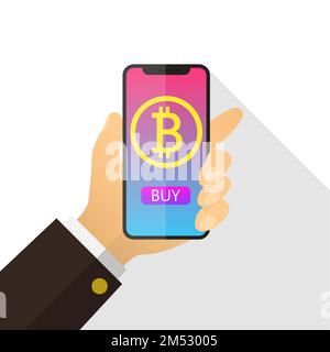 Das Konzept der Abrechnung von Bitcoins im flachen Stil. Bezahlung per Klick auf virtuelle Kryptowährung. Smartphone mit Goldmünze, Handtasche. Vektordarstellung von ca. Stock Vektor