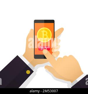 Flache Illustration Geschäftsmann-Hand hält ein Smartphone mit Bitcoins auf dem Bildschirm. Bitcoins kaufen, abbauen. Vektordarstellung für Busine Stock Vektor