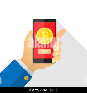 Das Konzept der Abrechnung von Bitcoins im flachen Stil. Bezahlung per Klick auf virtuelle Kryptowährung. Smartphone mit Goldmünze, Handtasche. Vektordarstellung von ca. Stock Vektor