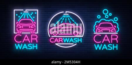 Autowaschanlage Logo Set Vektordesign im Neonstil Vektordarstellung isoliert. Schablone, Konzept, leuchtendes Schild-Symbol auf einem Autowaschanlagen-Thema. Leuchtendes b Stock Vektor