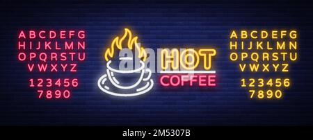 Neonschild für Kaffee, Logo, leuchtendes Emblem, Vektorgrafik für Ihr Unternehmen. Ein helles Schild, das Kaffee und heiße Getränke anbietet. Text ne wird bearbeitet Stock Vektor
