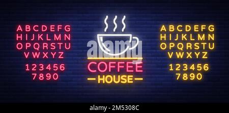 Neonschild für Kaffee, Logo, leuchtendes Emblem, Vektorgrafik für Ihr Unternehmen. Ein helles Schild, das Kaffee und heiße Getränke anbietet. Text ne wird bearbeitet Stock Vektor