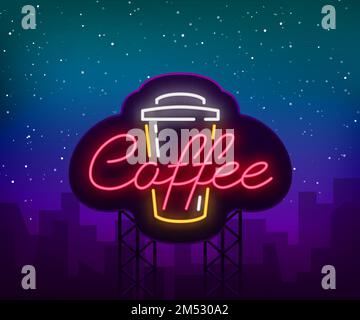 Kaffee Neonschild Logo Vektorzeichnung, Emblem im Neonstil, helles Nachtschild, Nachtwerbung für Kaffee. Reklametafeln. Stock Vektor