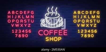 Kaffee Neonschild Logo Vektorzeichnung, Emblem im Neonstil, helles Nachtschild, Nachtwerbung für Kaffee. Text-Neonzeichen bearbeiten. Neonalphab Stock Vektor